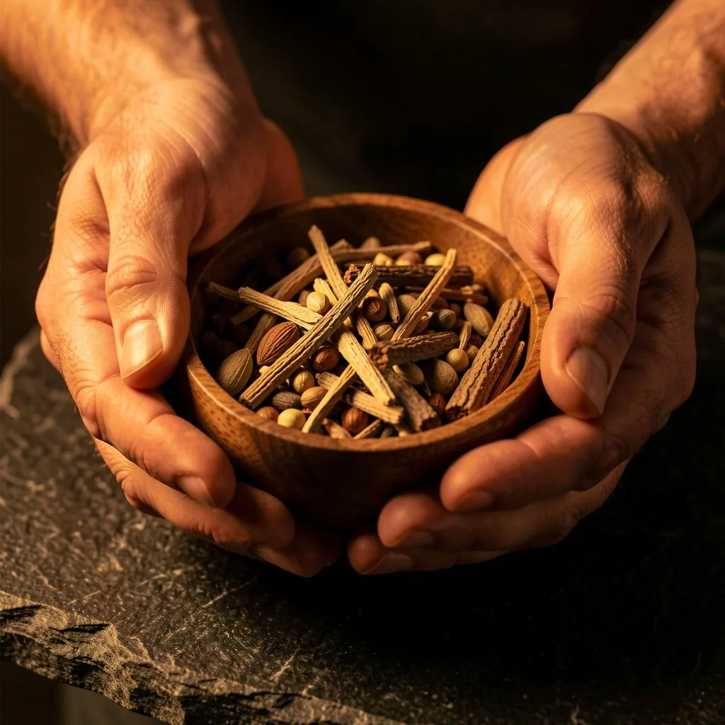 Natural supplement ingredients in a wooden bowl