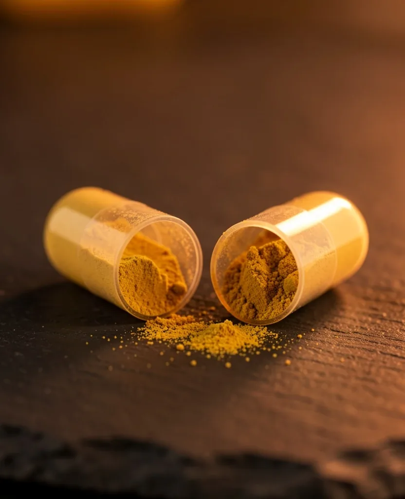 Cross-section of natural supplement capsules revealing ingredient powder