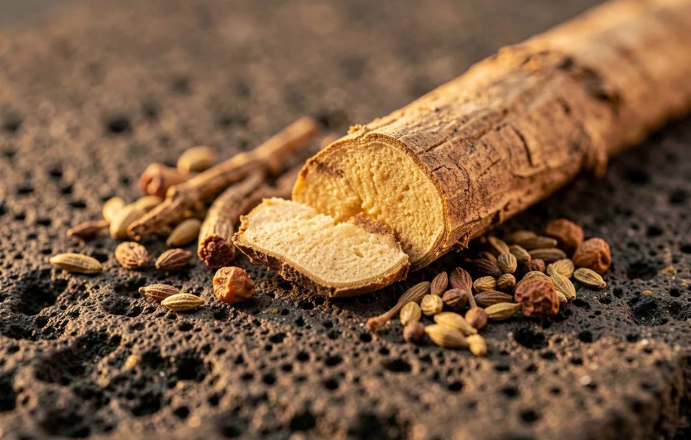 Macro still life of natural botanical ingredients on a dark surface