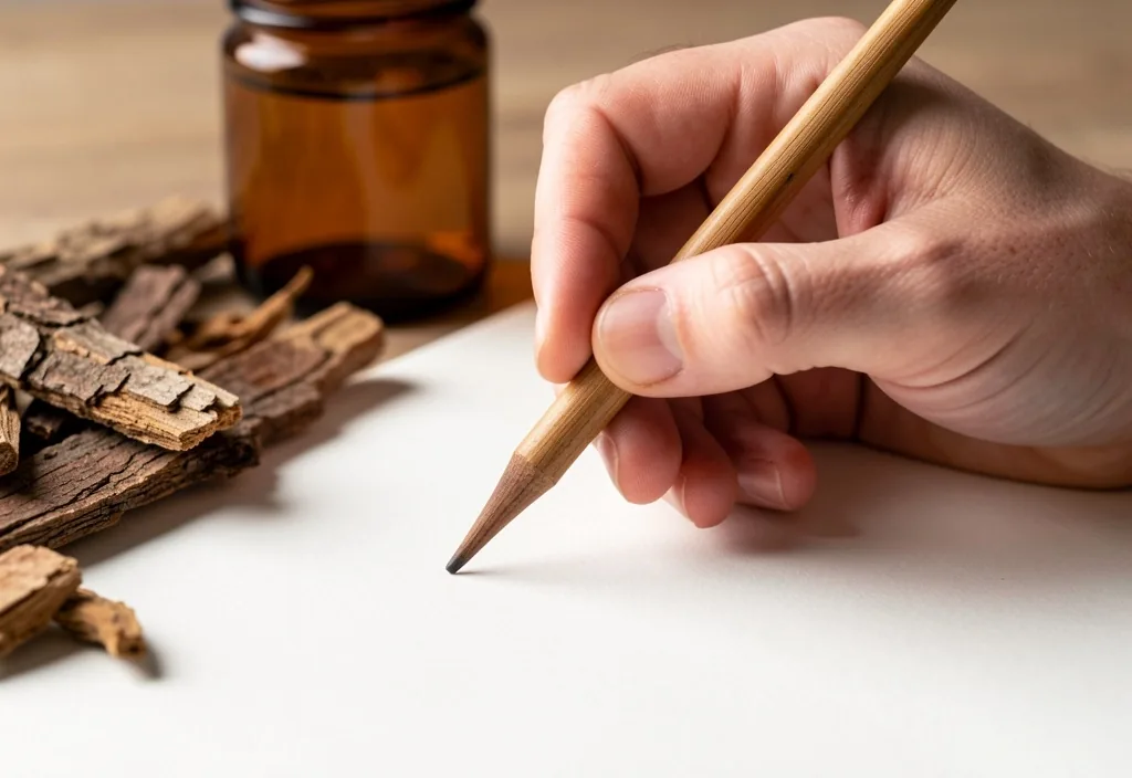 Notebook with ingredient notes beside dried herbs on a dark desk